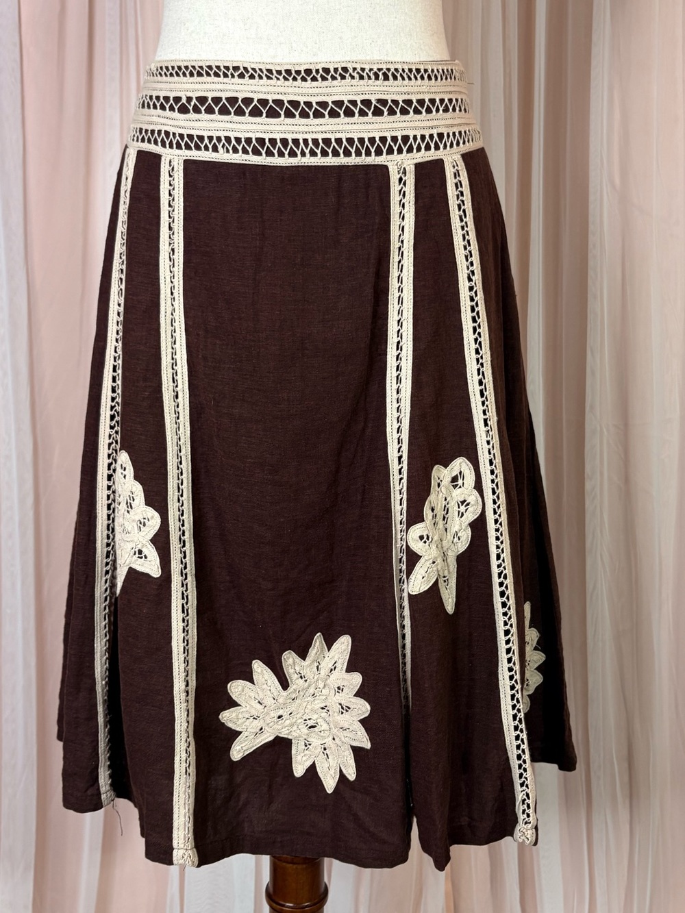 Embroidered Brown A-Line Skirt with Cream Appliqué